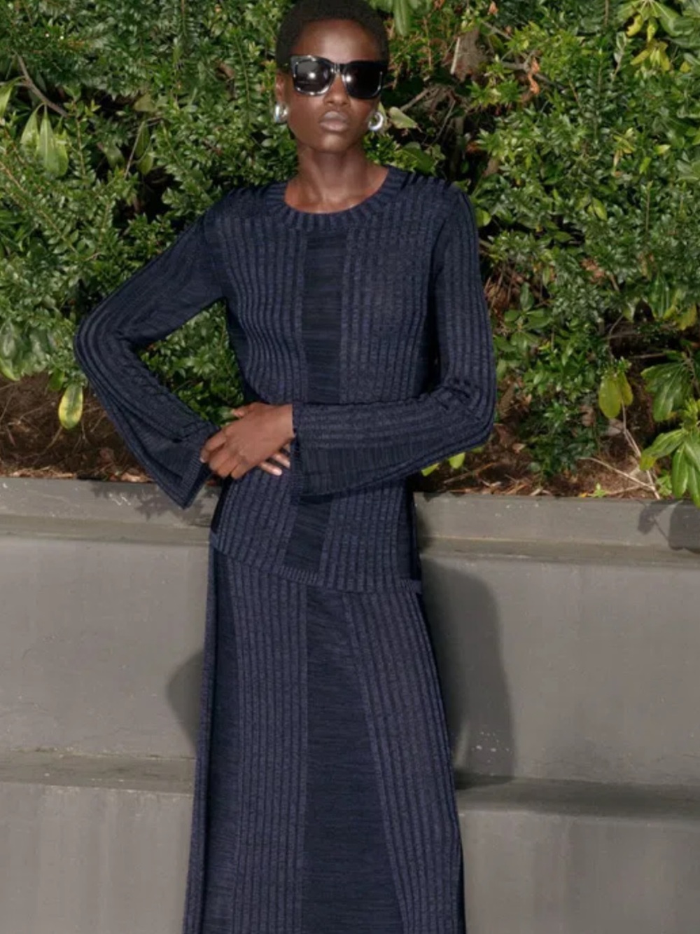 COS Navy Black Flared Sleeve Ribbed Panel Knit Top